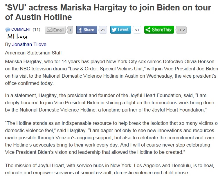 2013 Mariska To Be In Austin, TX With V.P. Biden