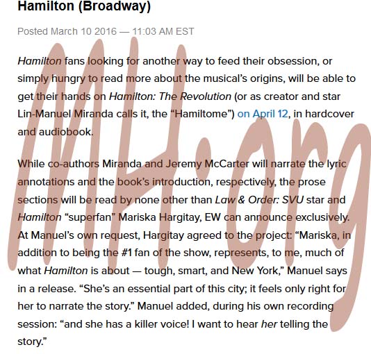 2016 Mariska Will Narrate Part of 'Hamiltome' Audiobook